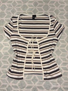Windsor Striped Tie-Front Scoop Neck Top - Navy, Cream & Tan